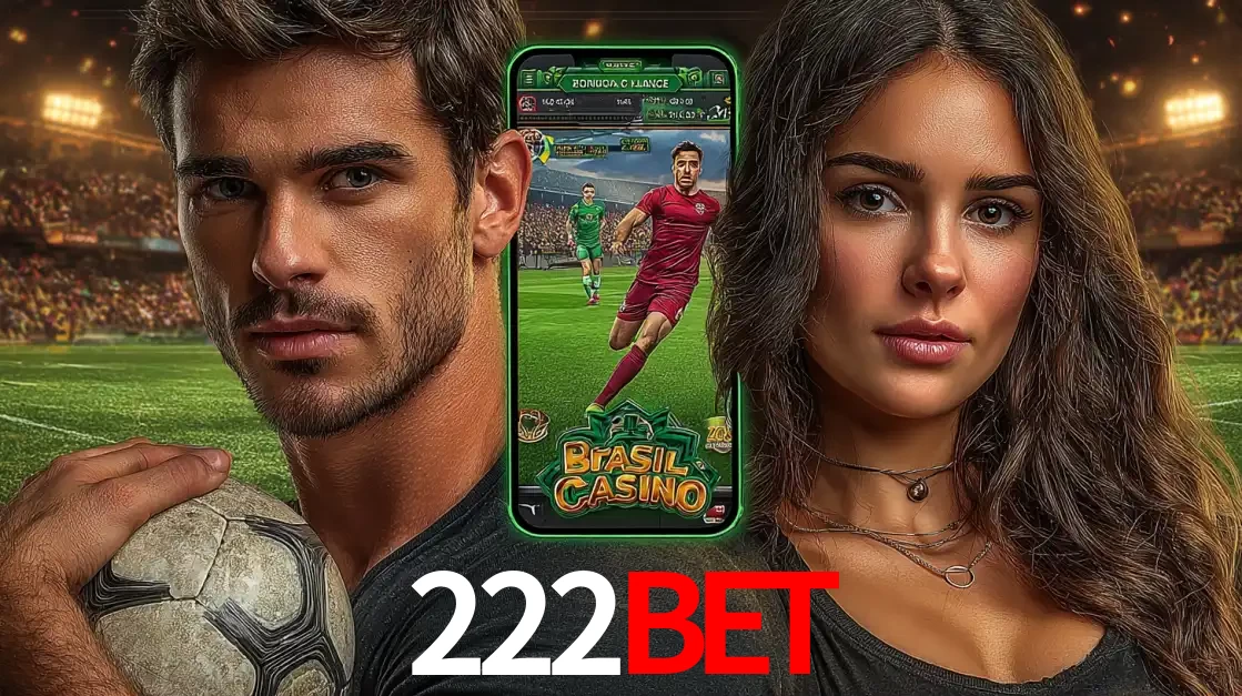 Homem segurando uma bola de futebol e uma mulher ao lado de um smartphone exibindo o jogo de apostas esportivas da 222bet. Faça seu palpite no cassino online.